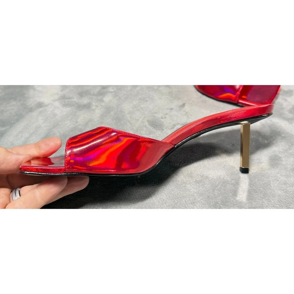 Schutz Sandals Womens 8B Red Holographic Square Toe Heels Slide